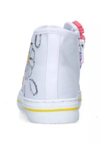 Sneaker alta bianca con ricami floreali colorati, suola in gomma, striscia gialla decorativa e tiralampo decorativo con colori assortiti.