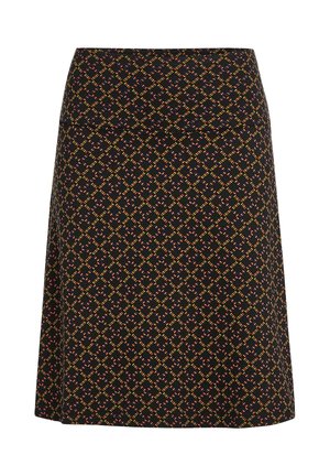 Black skirt featuring a geometric pattern in orange and green, with a smooth texture and a fitted waistband, flaring gently towards the hem.