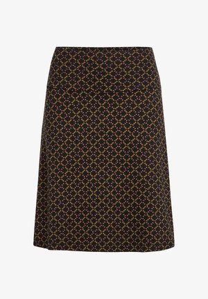 Schwarzer Rock mit geometrischem Muster in Orange und Grün, mit glatter Textur und einem figurbetonten Bund, der sanft zur Saumkante ausläuft.