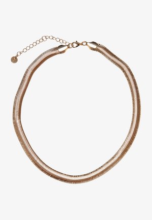 Rose gold necklace with two intertwining strands, featuring a smooth, textured finish and a clasp closure with an adjustable chain.