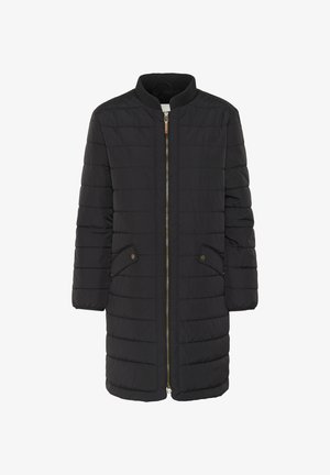 Black padded coat with a funnel neck, front zip, two side pockets, and ribbed cuffs; features horizontal stitching for texture.