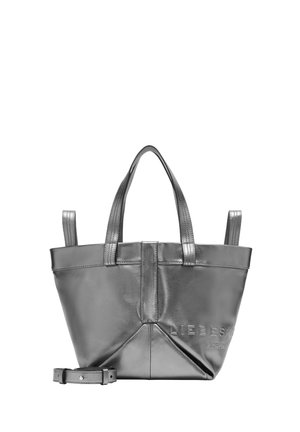 Grau Leder Tote-Bag mit zwei kurzen Griffen und einem abnehmbaren Schultergurt. Mit geprägtem Logo auf der Vorderseite und strukturiertem Design.
