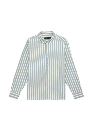 Langärmliges Hemd mit Knopfleiste, vertikalen hellblauen und weißen Streifen sowie spitzem Kragen.