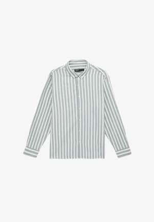 Langärmliges Hemd mit Knopfleiste, vertikalen hellblauen und weißen Streifen sowie spitzem Kragen.