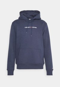 Sudadera color azul marino hecha de una mezcla de algodón, con un bolsillo frontal tipo canguro, capucha ajustable con cordón y logo bordado en el pecho.