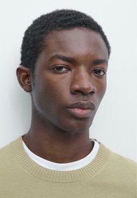 Portret van een persoon met kort zwart haar, gekleed in een lichtolijfgroene trui over een wit overhemd, met een gladde huid en een neutrale uitdrukking.