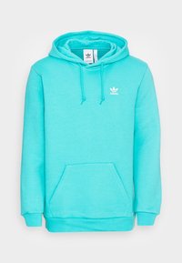 Tyrkysová mikina s kapucí z bavlněné směsi, s přední kapsou, stahovací šňůrkou, žebrovanými manžetami a malým bílým logem na hrudi.