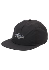 Čierna čiapka s rovnou šiltom, vyrobená z ľahkého materiálu. Na prednej strane je vyšitý šedý logo Quiksilver. Hladká textura.