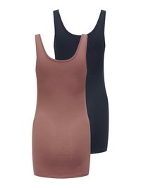 Dve brezrokavnik plošči majici, ena malvasta spredaj in ena črna zadaj, obe z okroglimi izrezoma in preprostim dizajnom.