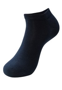 Chaussette noire en bleu marine avec un bord côtelé et une texture lisse, dotée d'un bout et d'un talon renforcés pour plus de durabilité.