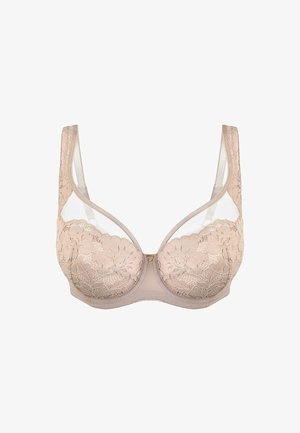 Beżowy biustonosz koronkowy z przezroczystymi panelami siateczkowymi, wsparciem w postaci fiszbin, wzorem kwiatowym i centralnym akcentem w kolorze złotym. Regulowane ramiączka dla lepszego dopasowania.