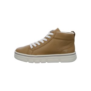 Tan leather mid-top sneaker with white laces and thick white rubber sole, viewed from the outer side.
