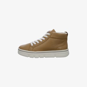 Tan leather mid-top sneaker with white laces and thick white rubber sole, viewed from the outer side.
