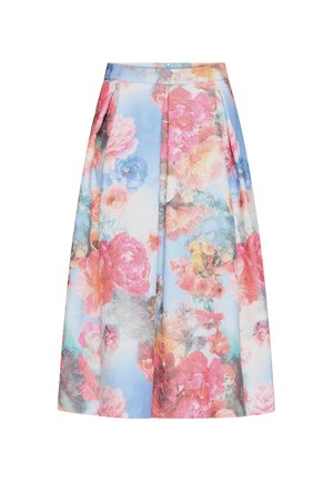 Floral A-line midi skirt with pleats, featuring a pastel color palette of pink, blue, yellow, and green flowers on a light background.