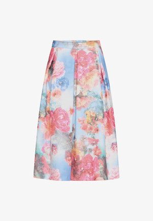 Floral A-line midi skirt with pleats, featuring a pastel color palette of pink, blue, yellow, and green flowers on a light background.
