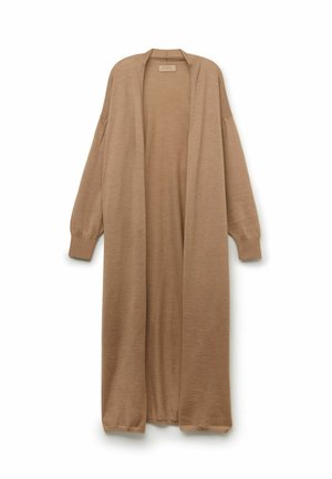 Cardigan lungo e aperto di colore marrone chiaro. Realizzato in un materiale morbido con maniche ampie e design rilassato. Senza chiusure né fantasie.