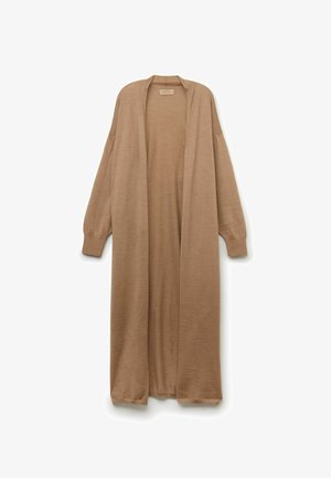 Langer, offen gestalteter Cardigan in einem hellbraunen Farbton. Hergestellt aus weichem Material mit lockeren Ärmeln und einem entspannten Design. Ohne Verschlüsse oder Muster.