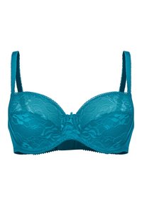 Teal blonde balconette bh med underwire, blomsterprint, satinaccenter, justerbare stropper og en lille sløjfedetail i midten.