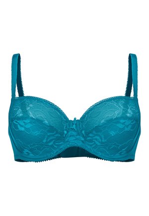 Błękitny koronkowy biustonosz balconette z fiszbinami, w kwiatowy wzór, z satynowymi akcentami, regulowanymi ramiączkami i małym detalem w postaci kokardki na środku.