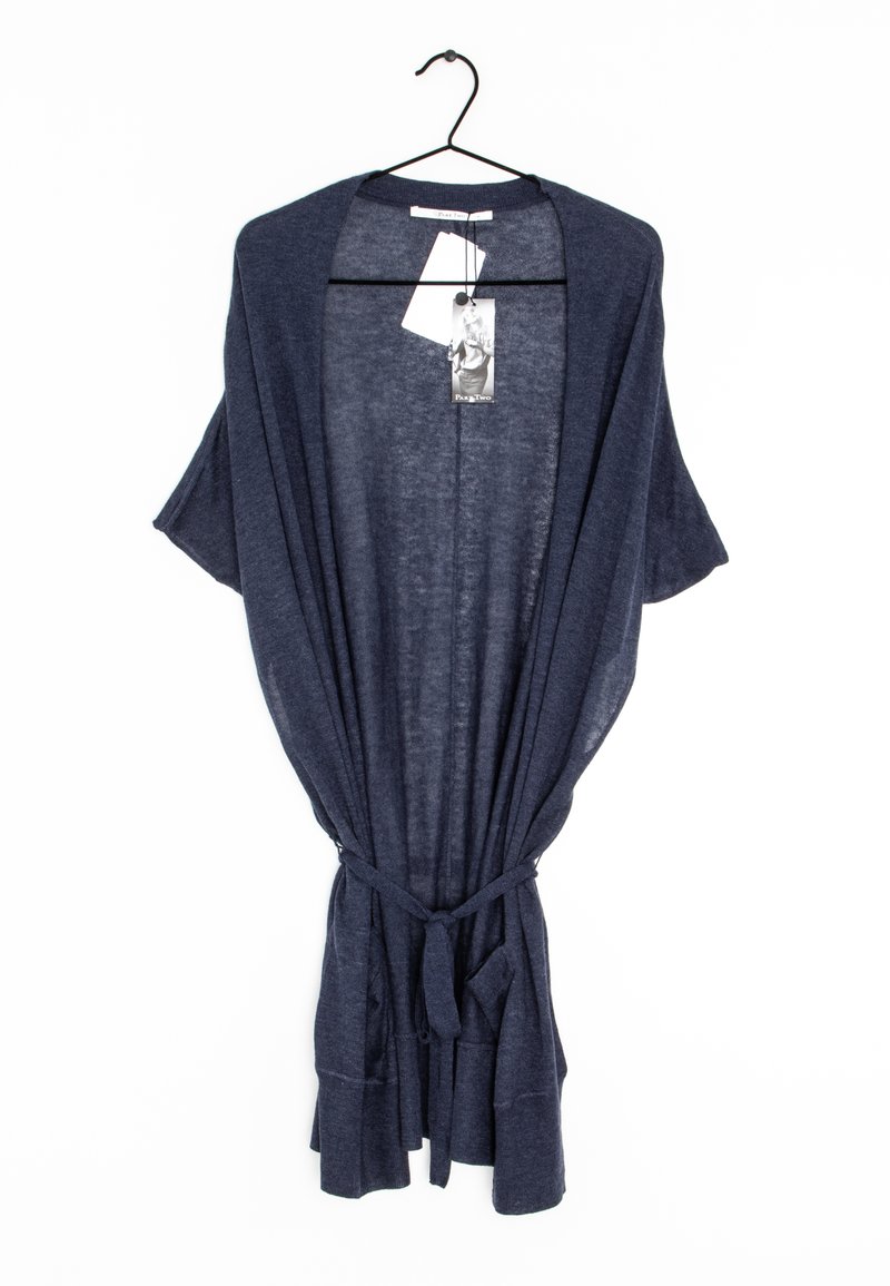 Dark navy lightweight cardigan with open front, wide sleeves, and a tied waist. Made from soft, breathable fabric with a subtle texture.