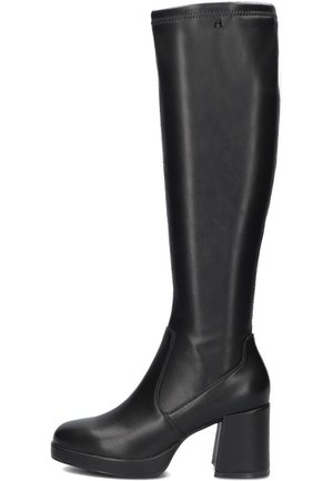Black knee-high boot made of smooth synthetic material. Features a round toe, block heel, and side elastic panels for easier wear.