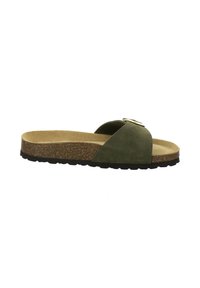 Slide sandal with olive green suede strap, adjustable brass buckle, cork footbed, and black textured rubber sole.