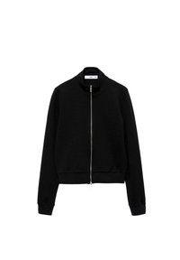Sort zip-up sweatshirt med stående krave, glat overflade, lange ærmer og ribbede manchetter og kant. Enkel, moderne design.