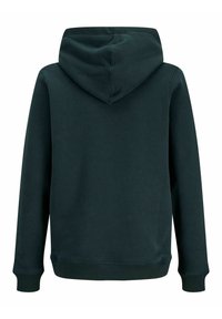 Sudadera con capucha de color verde oscuro, textura suave, mangas largas y puños acanalados. Cuenta con un bolsillo tipo canguro y un diseño de corte clásico.