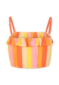 Top corto a righe colorato in rosa, arancione e giallo, con dettagli arricciati e spalline regolabili. Realizzato in tessuto leggero.
