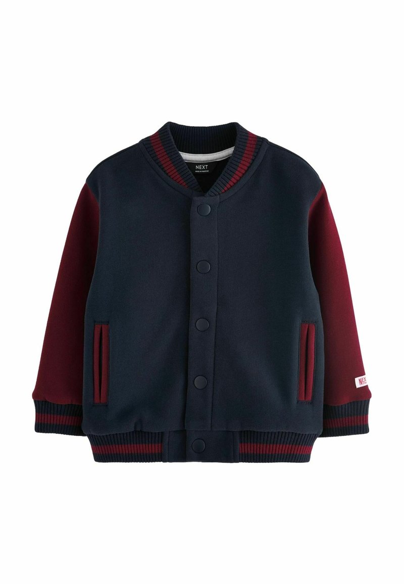 Blouson aviateur pour enfants bleu marine et bordeaux avec boutons pression, col, poignets et ourlet côtelés, et poches avant.
