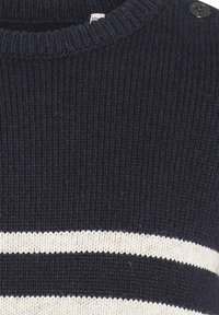 Pull en tricot bleu marine avec des rayures crème, col côtelé et deux boutons noirs sur l'épaule pour une touche supplémentaire.