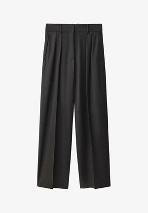 Černé, široké kalhoty z hladké tkaniny. Mají vysoký pas, poutka na opasek a přední sklady pro přidanou strukturu.