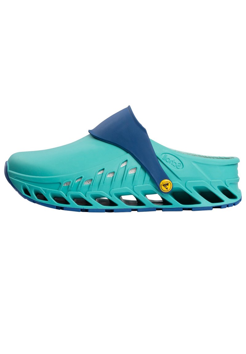 Sabot en aqua et bleu marine, à enfiler, avec une tige texturée et des côtés ouverts pour une bonne respirabilité ; présente un bout rond et un logo visible.