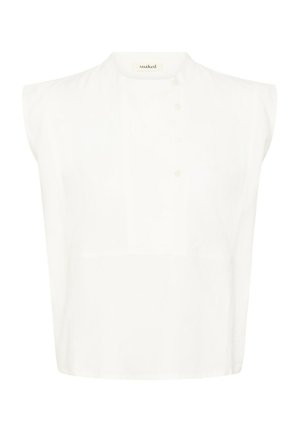 Blouse blanche sans manches avec un col montant et une patte de boutonnage asymétrique à l'avant.