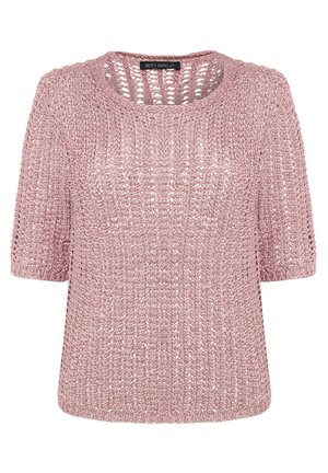 Krótki rękaw, jasnoróżowy sweter z otwartym splotem i okrągłym dekoltem.