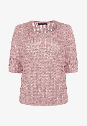 Krótki rękaw, jasnoróżowy sweter z otwartym splotem i okrągłym dekoltem.