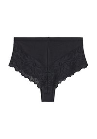 Sorte trusser med blonder, der har et blomsterdesign. Stoffet kombinerer glat bomuld og gennemsigtig blonder, med en bølget kant ved taljen.