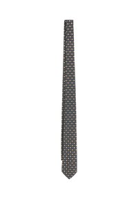 Corbata azul marino con un patrón geométrico de pequeños cuadrados en naranja, crema y azul. Está hecha de una tela suave. Tiene una forma estrecha y punta afilada.