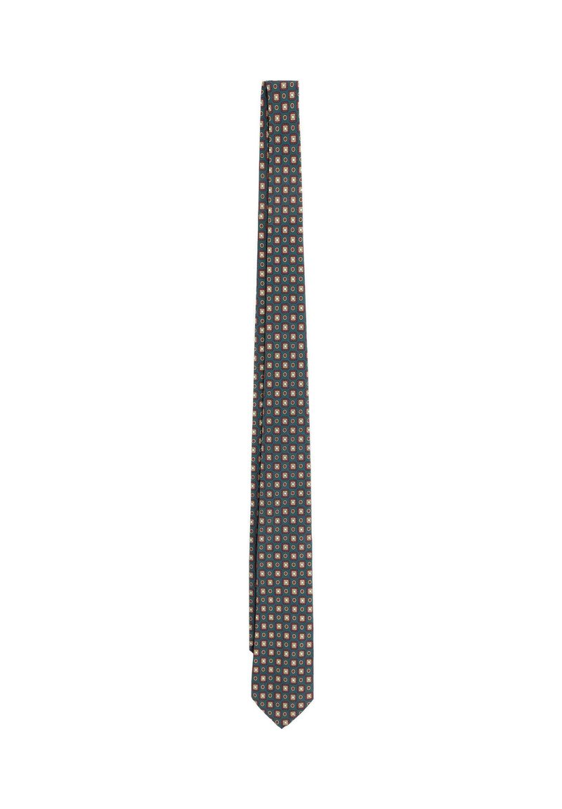 Corbata azul marino con un patrón geométrico de pequeños cuadrados en naranja, crema y azul. Está hecha de una tela suave. Tiene una forma estrecha y punta afilada.
