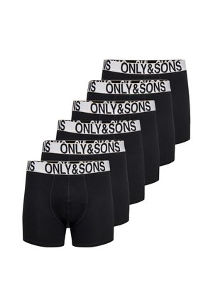 Sechs schwarze Herren-Boxershorts mit weißen Bundabschlüssen, auf denen der Markenname ONLY&SONS in schwarzen Buchstaben zu sehen ist.