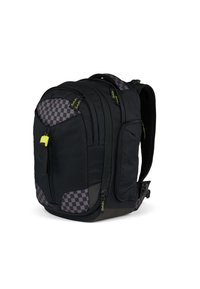 Black backpack with checker-patterned accents, multiple compartments, padded back, and adjustable straps. Features yellow zipper pulls and hardware.