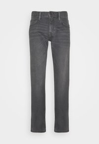 Jeans rectos de hombre en gris oscuro con bolsillos delanteros y traseros, cierre de botón y trabillas para cinturón sobre un fondo blanco.