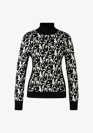 Maglione dolcevita nero con motivo astratto foglia bianca. Realizzato in morbido tessuto a maglia con polsini e orlo aderenti.
