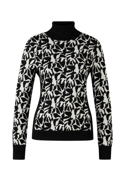 Maglione dolcevita nero con motivo astratto foglia bianca. Realizzato in morbido tessuto a maglia con polsini e orlo aderenti.