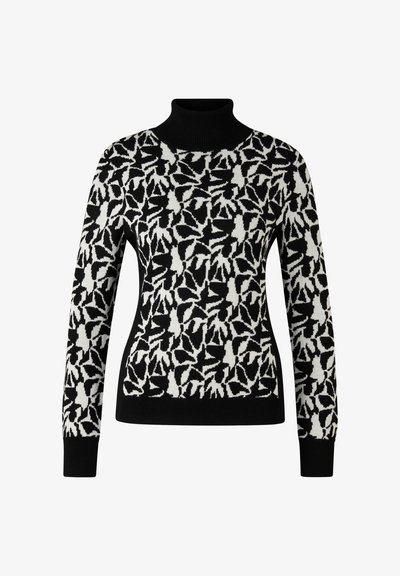 Maglione dolcevita nero con motivo astratto foglia bianca. Realizzato in morbido tessuto a maglia con polsini e orlo aderenti.