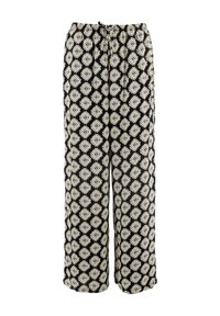 Pantalones de pierna ancha en blanco y negro con un motivo de diamantes, que cuentan con una cintura con cordón y una textura de tela suave.