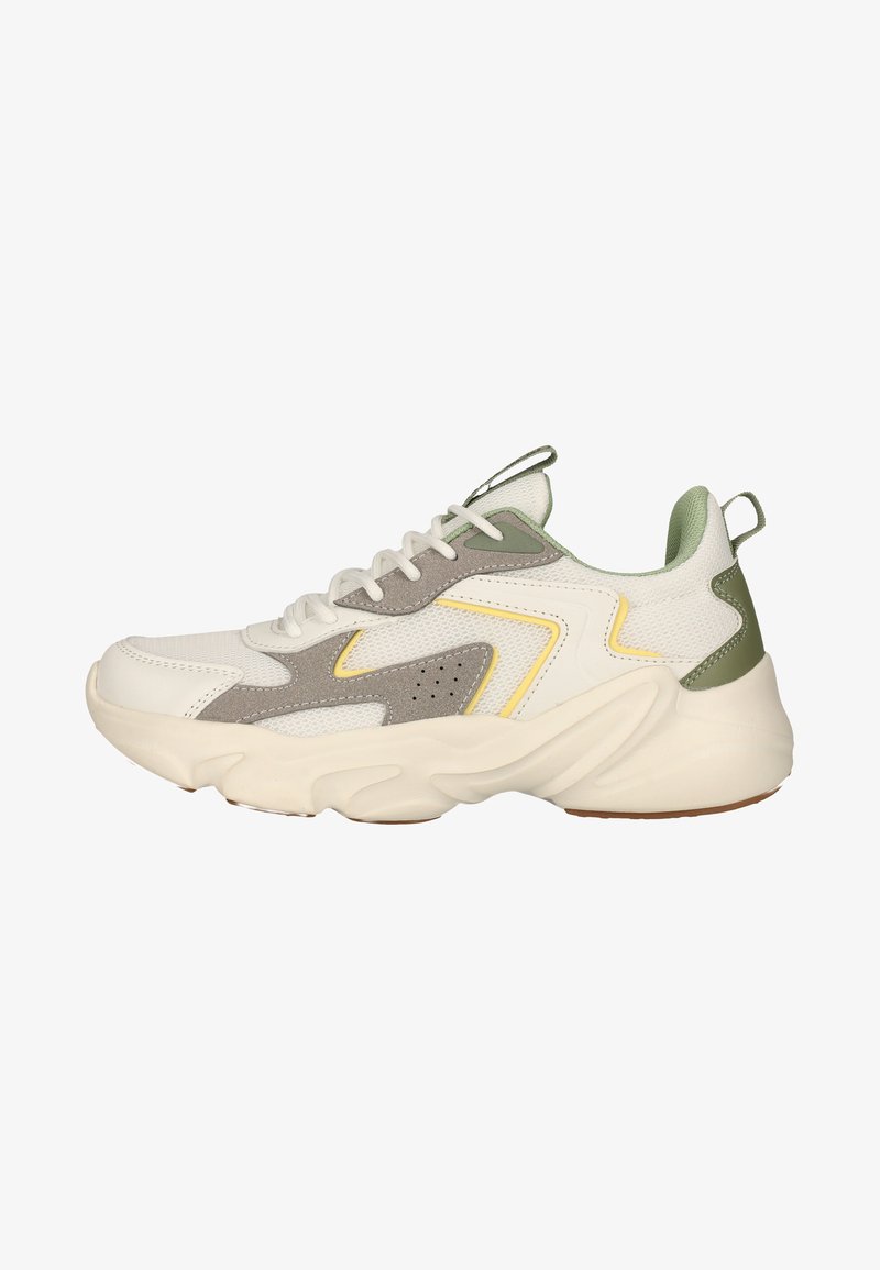 Weißer und grauer Sportschuh mit dicker beiger Sohle, grünem Fersendetail, gelben Akzenten, aus Mesh- und Leder Materialien sowie Schnürsenkeln.