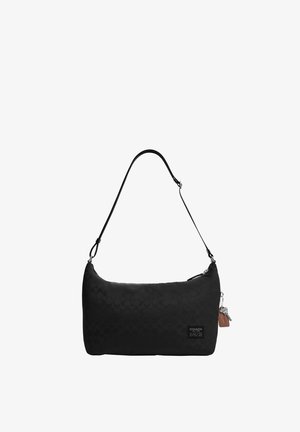 Borsa a tracolla nera Coach con motivo di firma sottile, tracolla regolabile, chiusura con zip e portachiavi in pelle con chiavi in metallo.