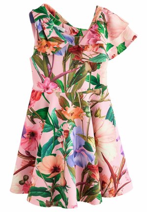 Robe à imprimé floral sur fond rose, avec de grandes manches à volants, un corsage ajusté et une jupe évasée ornée de diverses fleurs.