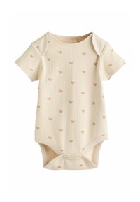 Body pentru bebeluși cu mâneci scurte, de culoare crem deschis, cu model de față de animal în nuanțe deschise de maro, textură reiată și sistem de închidere cu capse în partea de jos.
